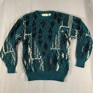 Vintage Michael Gerald Sweater Mens Large Teal Black White Abstract Pattern